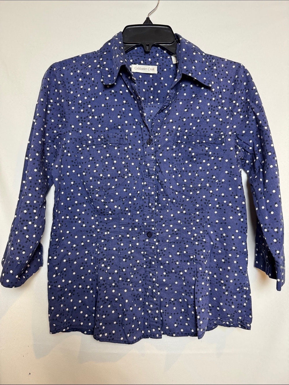 Coldwater Creek Navy Polka Dot Button-Up Blouse S